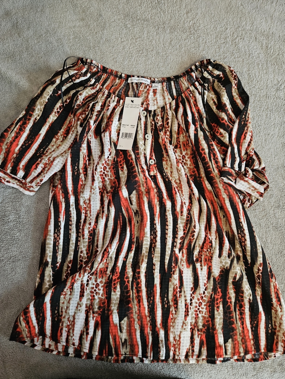 Notations Red Orange Black Cream Striped Animal Print Peasant Blouse